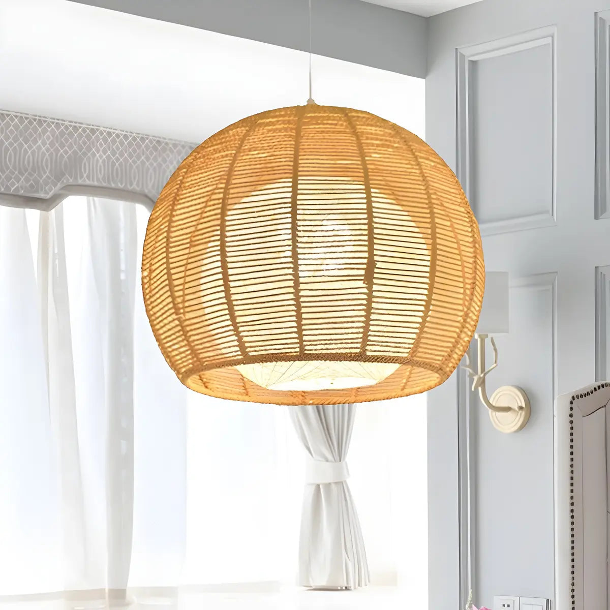 Rustic Rope Natural Rattan Orb Living Room Pendant Light