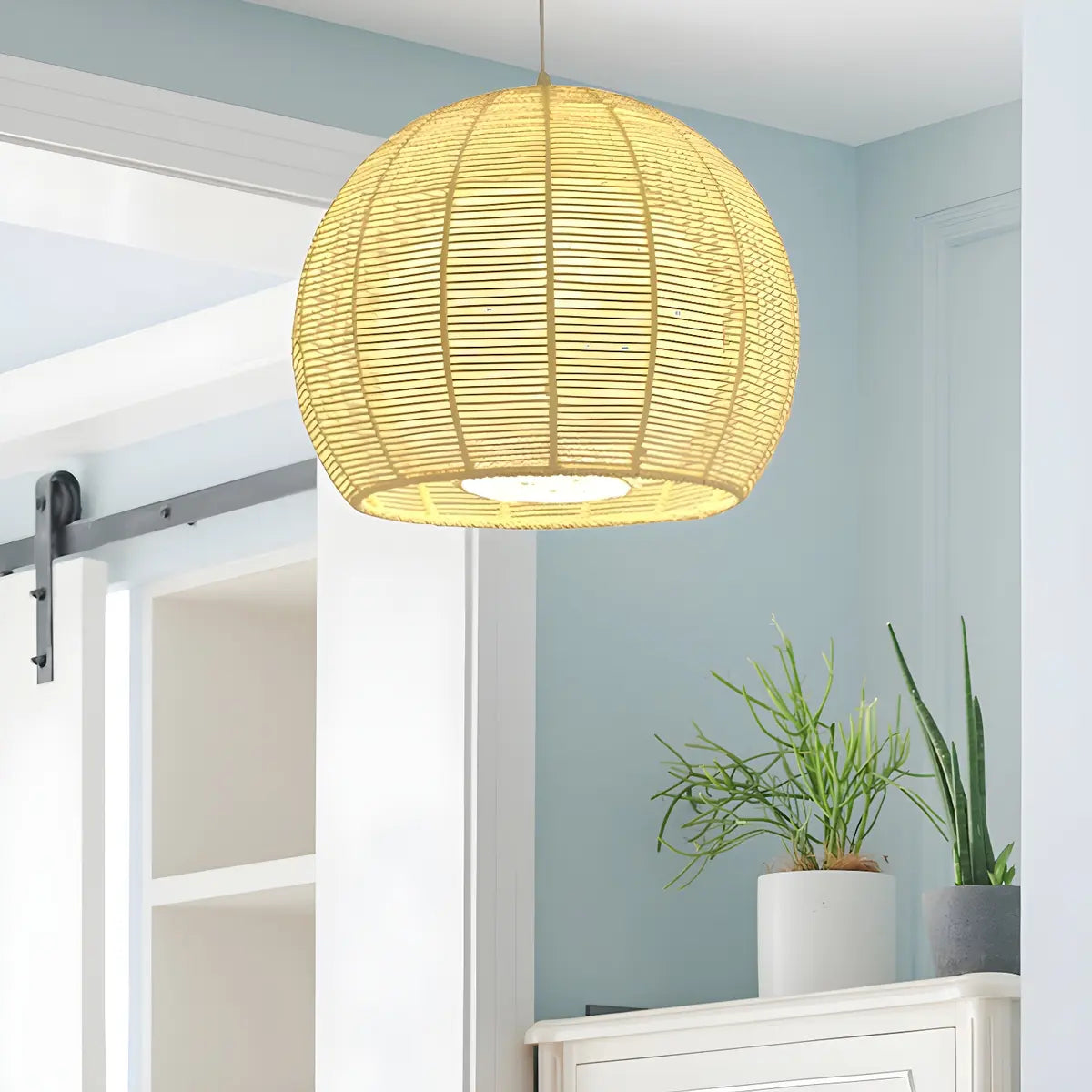 Rustic Rope Natural Rattan Orb Living Room Pendant Light