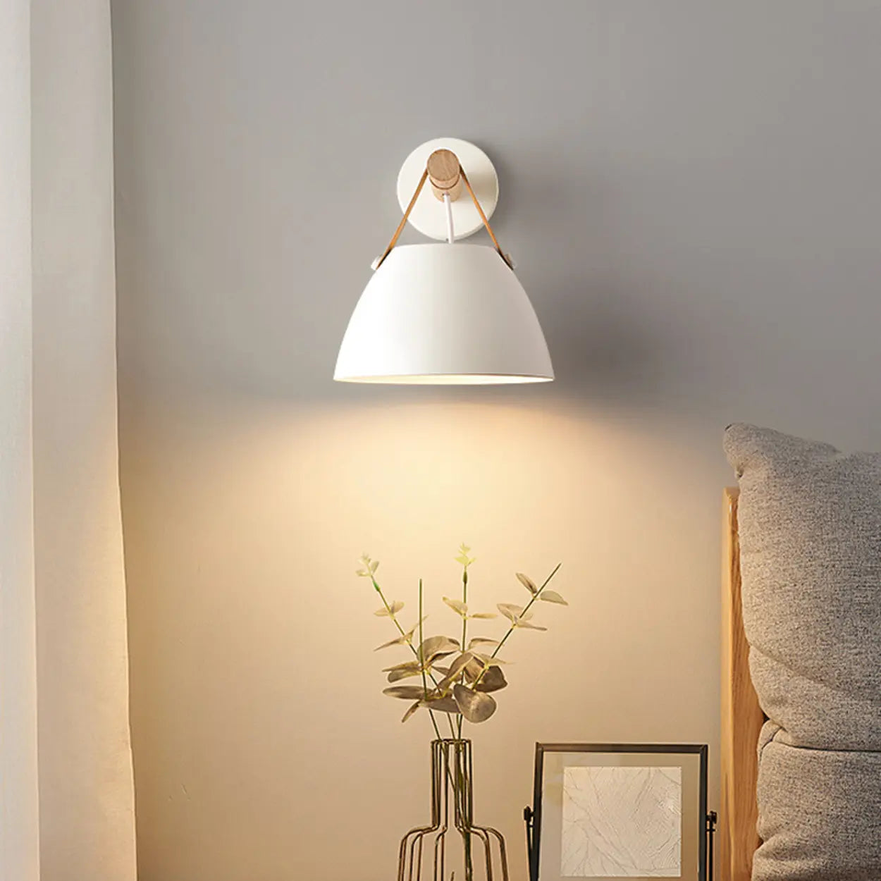 Scandinavian Leather Straps White Cone Wall Sconce