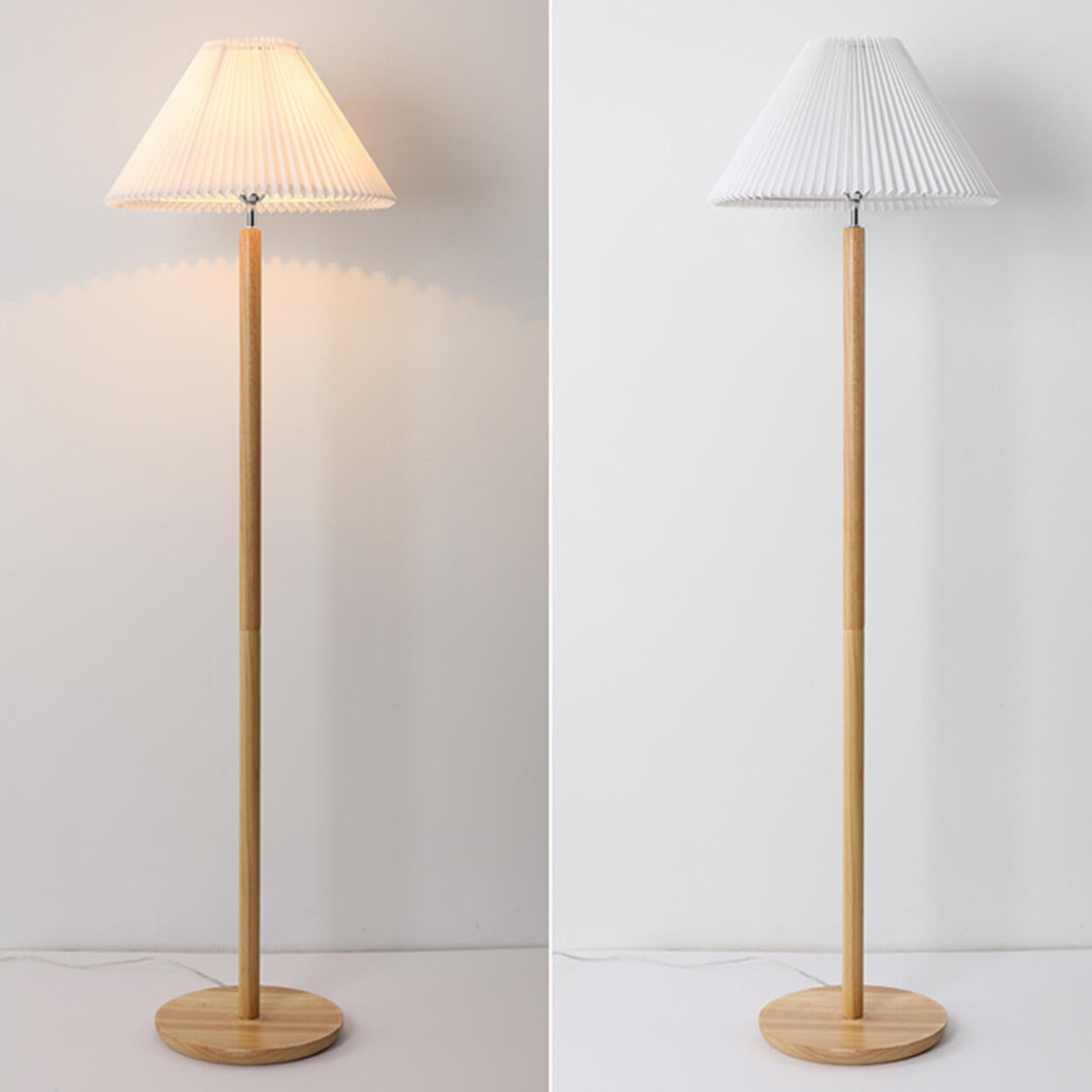 Scandinavian White Pleated Shade Wooden Floor Lamp