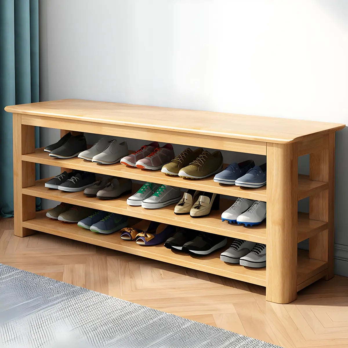 Short Natural Rubberwood Shoe Storage Entryway Bench