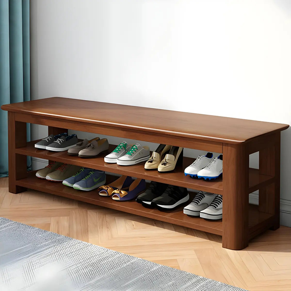 Short Natural Rubberwood Shoe Storage Entryway Bench