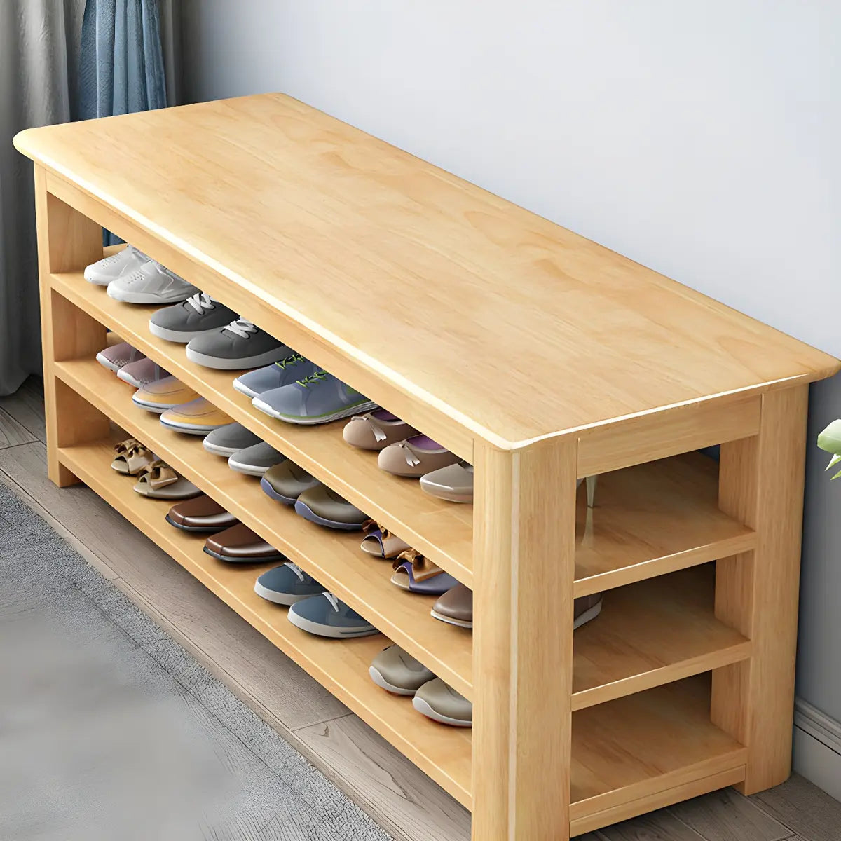 Short Natural Rubberwood Shoe Storage Entryway Bench