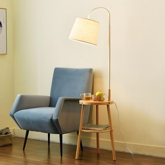 Simple White Cylinder Wooden Side Table Floor Lamp