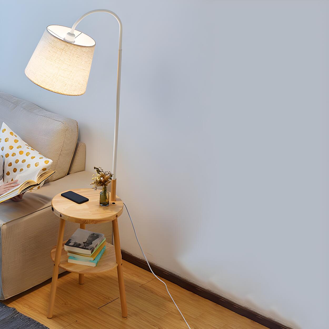 Simple White Cylinder Wooden Side Table Floor Lamp