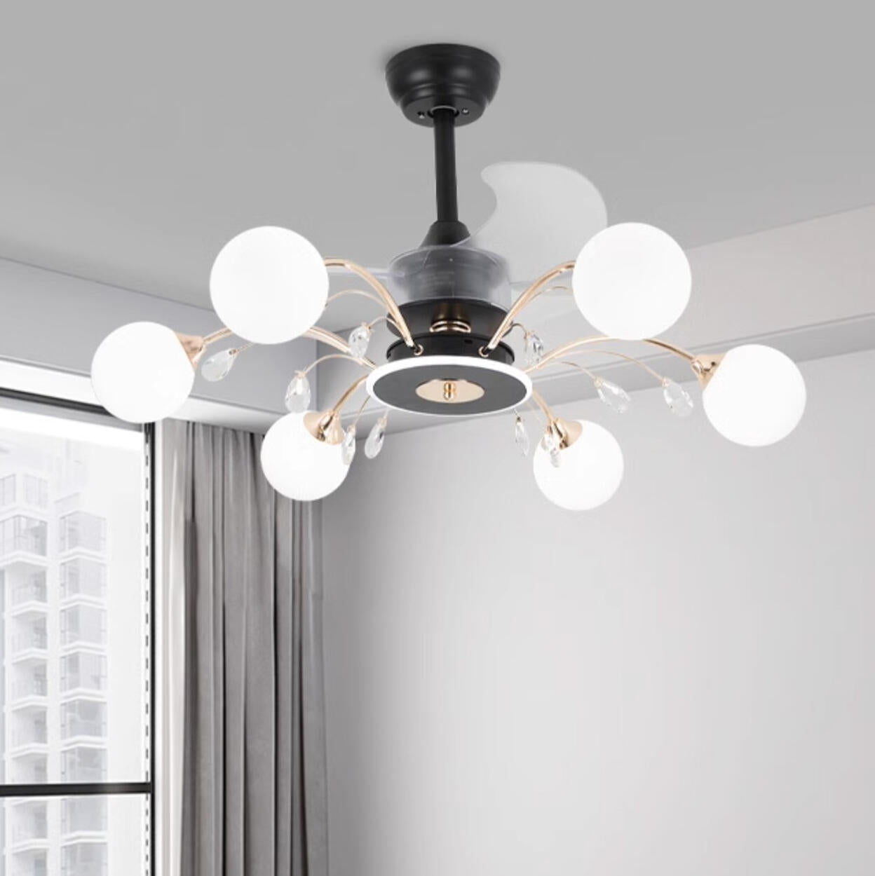 Stylish Crystal Accent Globe Shade Chandelier Fan Light