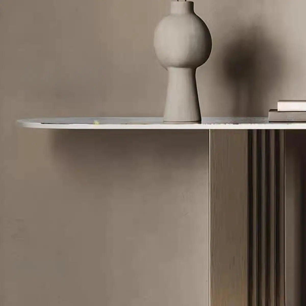 Trendy Oval Stone Top Wood Abstract Base Console Table