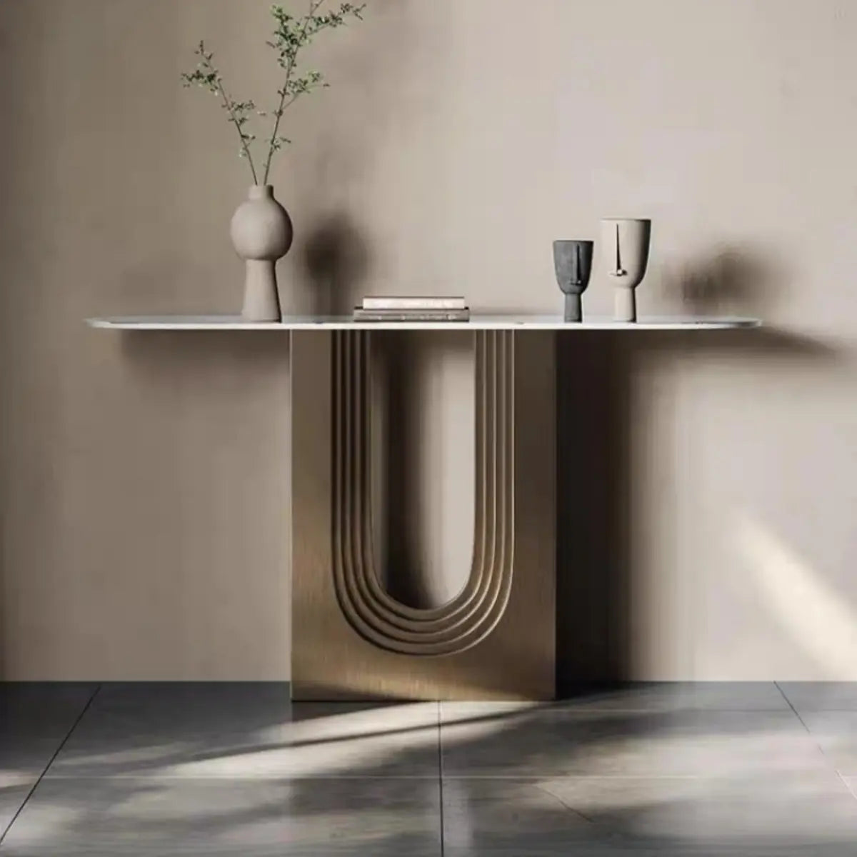 Trendy Oval Stone Top Wood Abstract Base Console Table