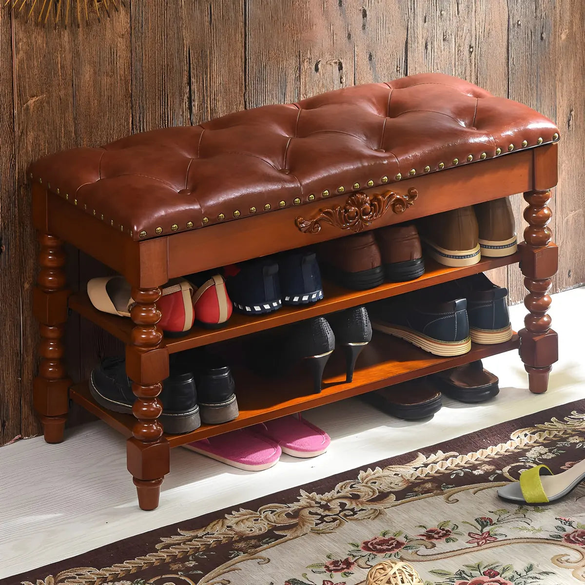 Victorian Brown Faux Leather Cherry Wood Entryway Bench