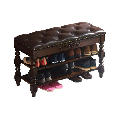 Victorian Brown Faux Leather Cherry Wood Entryway Bench