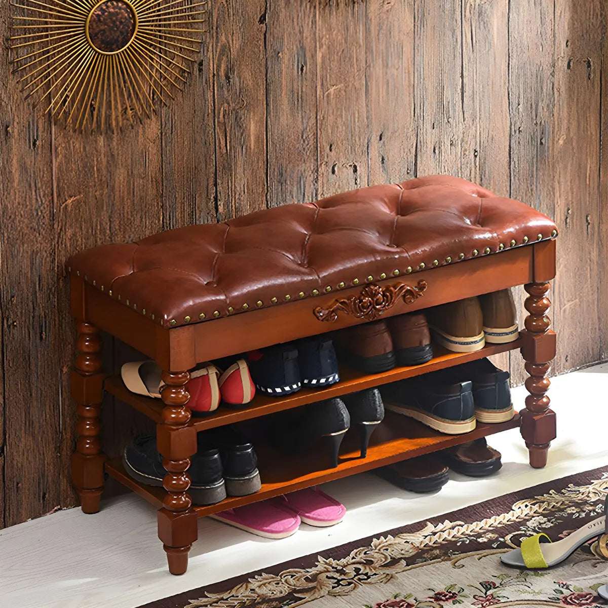 Victorian Brown Faux Leather Cherry Wood Entryway Bench