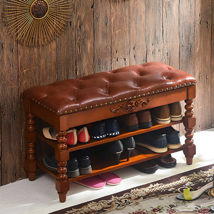 Victorian Brown Faux Leather Cherry Wood Entryway Bench