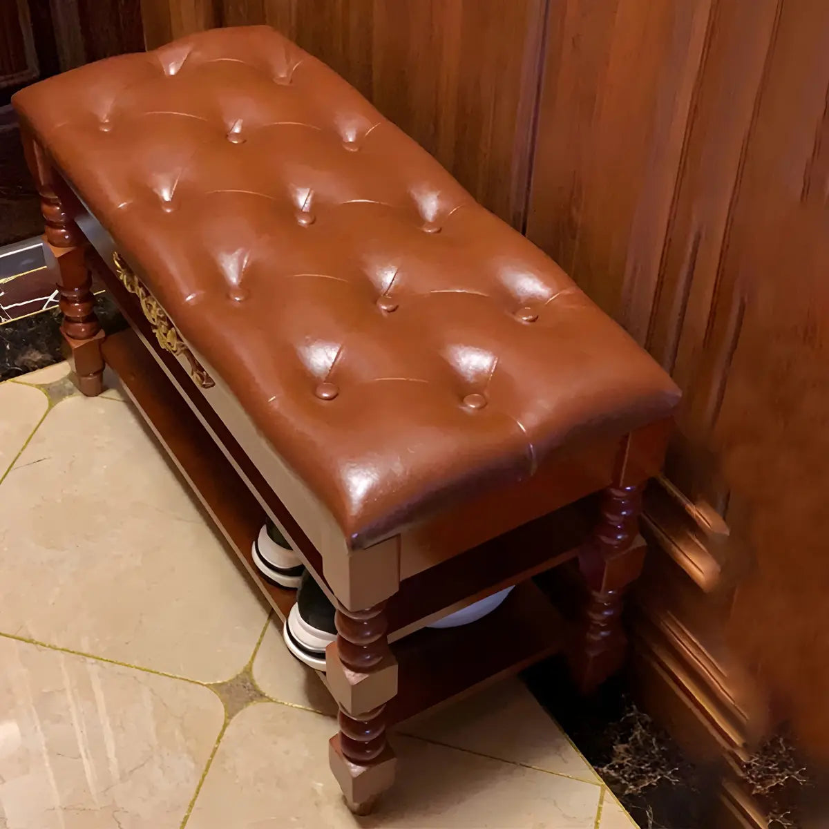 Victorian Brown Faux Leather Cherry Wood Entryway Bench