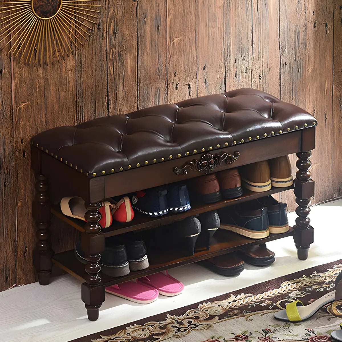 Victorian Brown Faux Leather Cherry Wood Entryway Bench