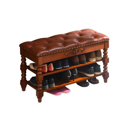 Victorian Brown Faux Leather Cherry Wood Entryway Bench