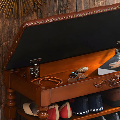 Victorian Brown Faux Leather Cherry Wood Entryway Bench