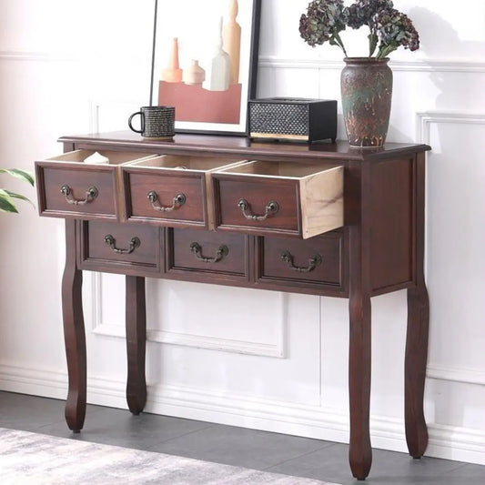 Vintage Walnut Wood Tall Console Table with Drawers