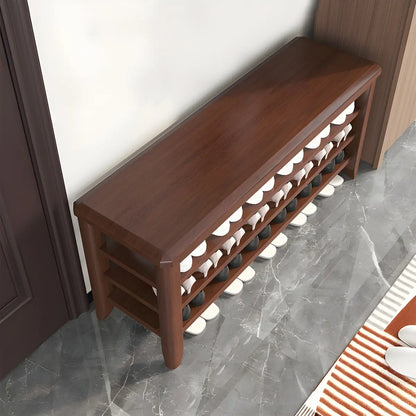 Walnut Rubberwood Entryway Bench with Shoe Storage