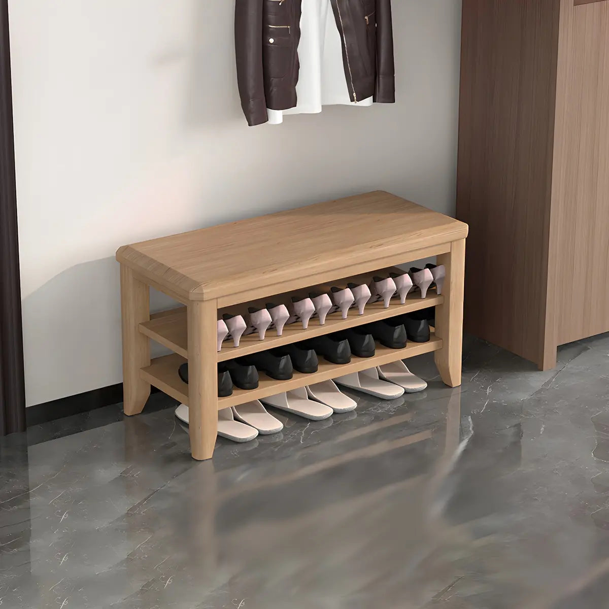 Walnut Rubberwood Entryway Bench with Shoe Storage