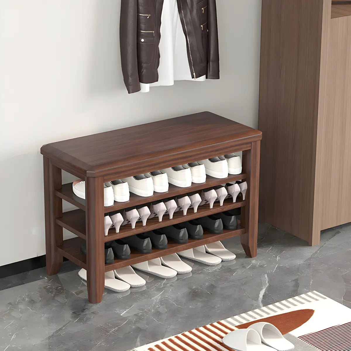 Walnut Rubberwood Entryway Bench with Shoe Storage