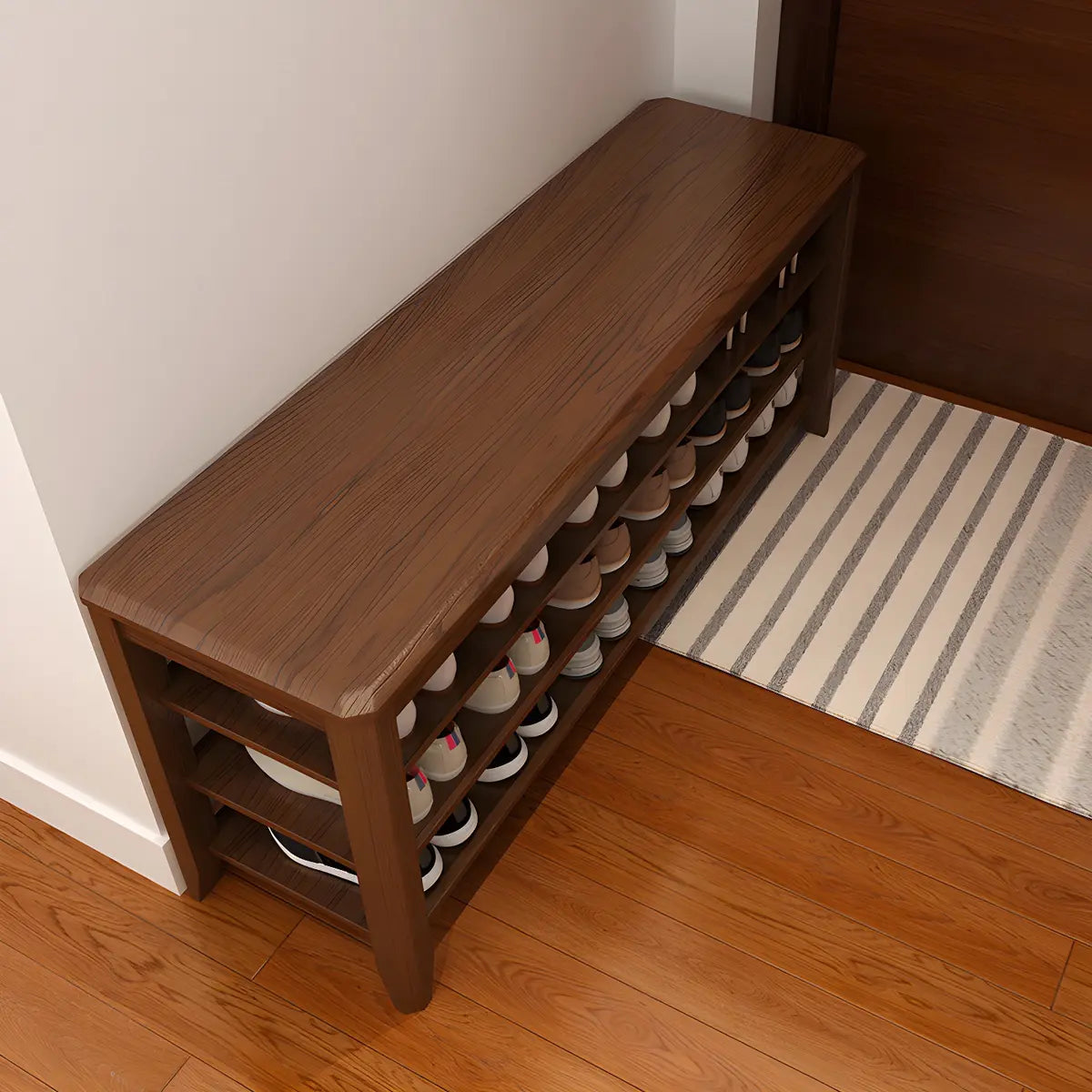 Walnut Rubberwood Entryway Bench with Shoe Storage