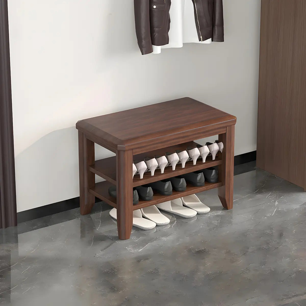 Walnut Rubberwood Entryway Bench with Shoe Storage