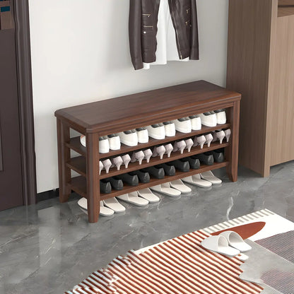 Walnut Rubberwood Entryway Bench with Shoe Storage