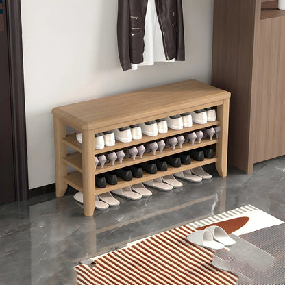 Walnut Rubberwood Entryway Bench with Shoe Storage