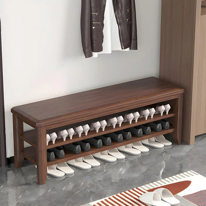 Walnut Rubberwood Entryway Bench with Shoe Storage