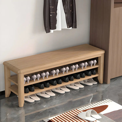 Walnut Rubberwood Entryway Bench with Shoe Storage