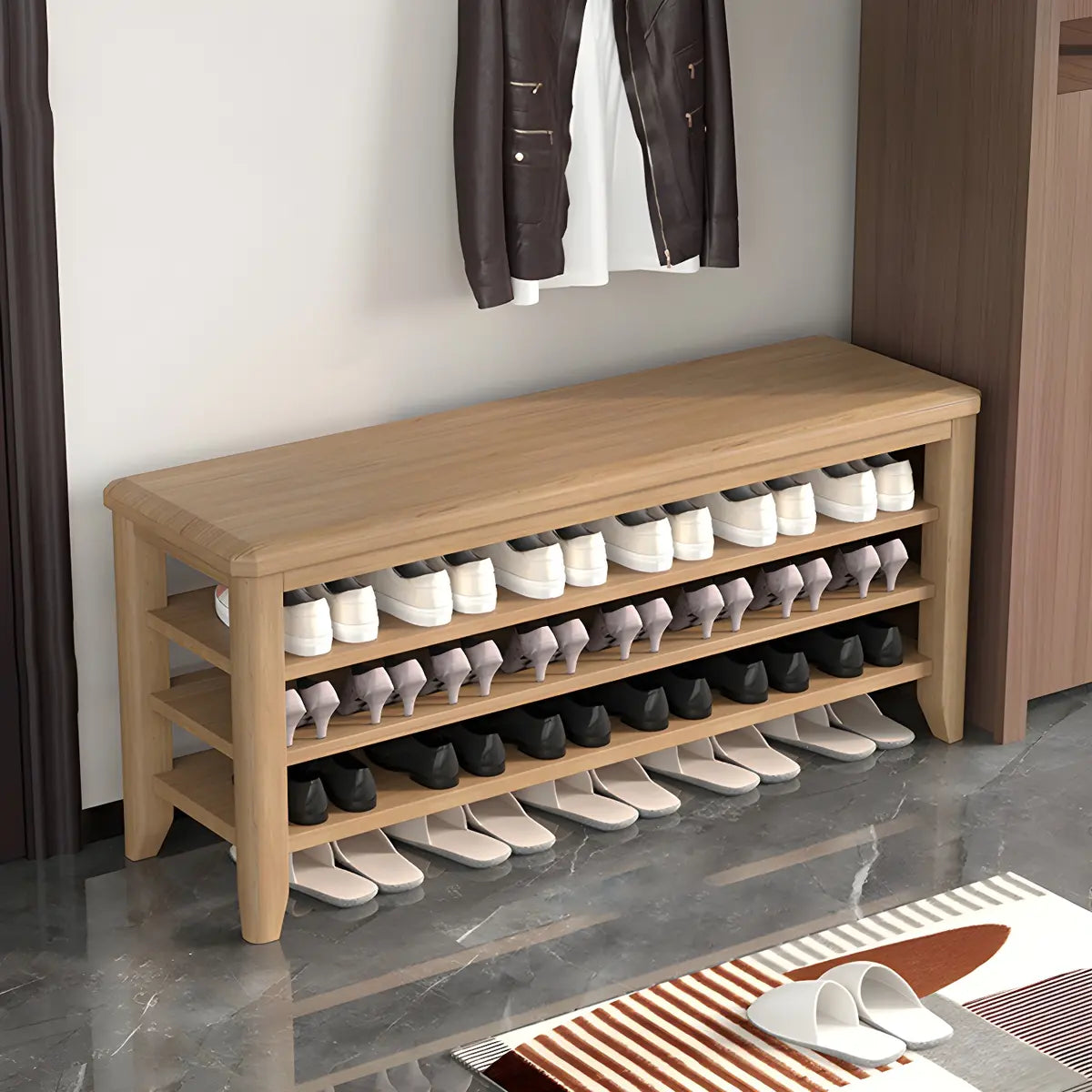 Walnut Rubberwood Entryway Bench with Shoe Storage