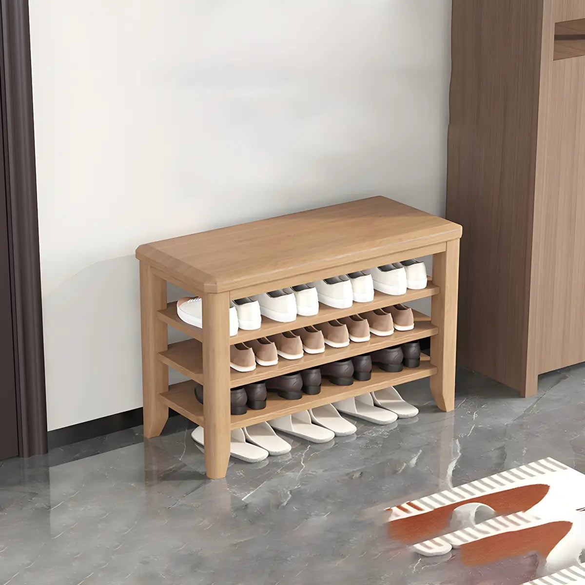 Walnut Rubberwood Entryway Bench with Shoe Storage