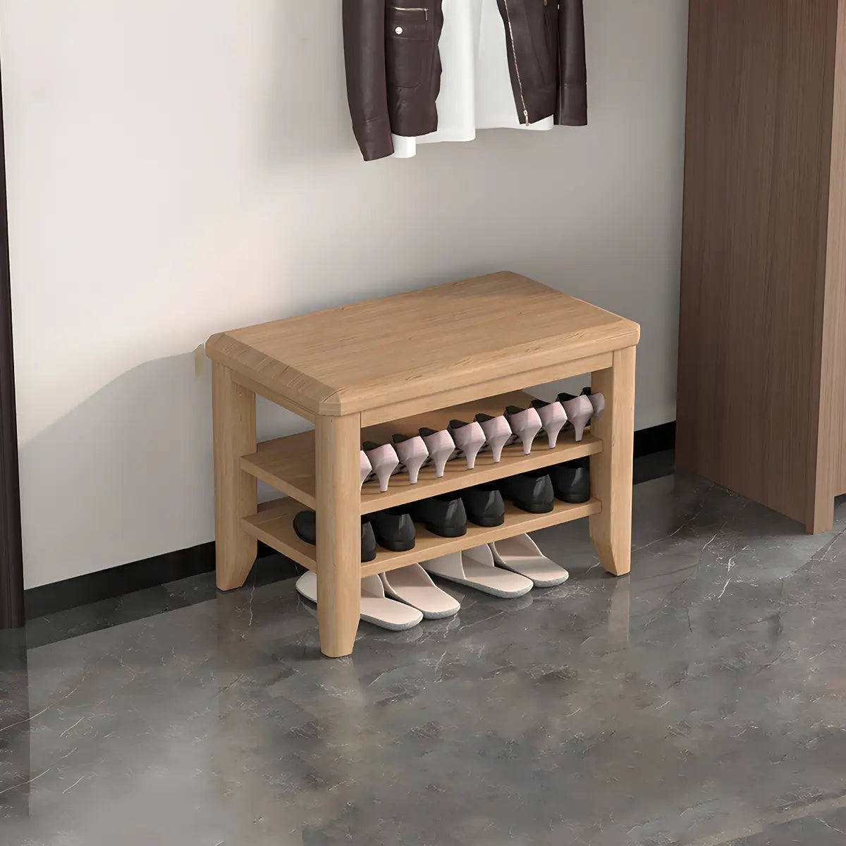 Walnut Rubberwood Entryway Bench with Shoe Storage