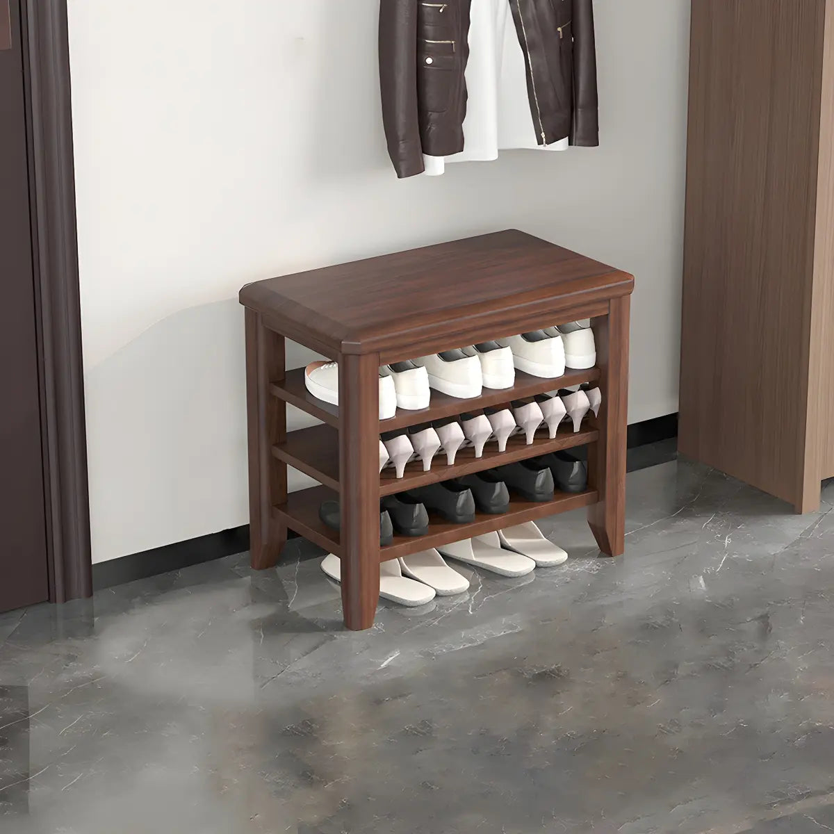 Walnut Rubberwood Entryway Bench with Shoe Storage