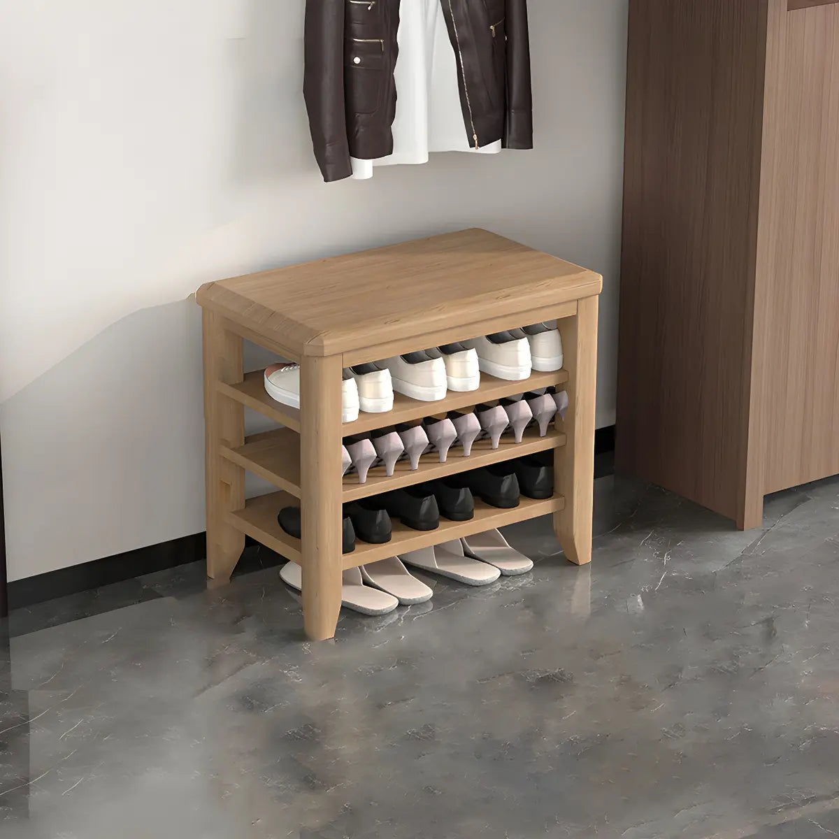 Walnut Rubberwood Entryway Bench with Shoe Storage