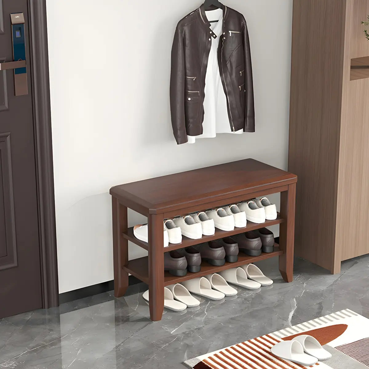 Walnut Rubberwood Entryway Bench with Shoe Storage