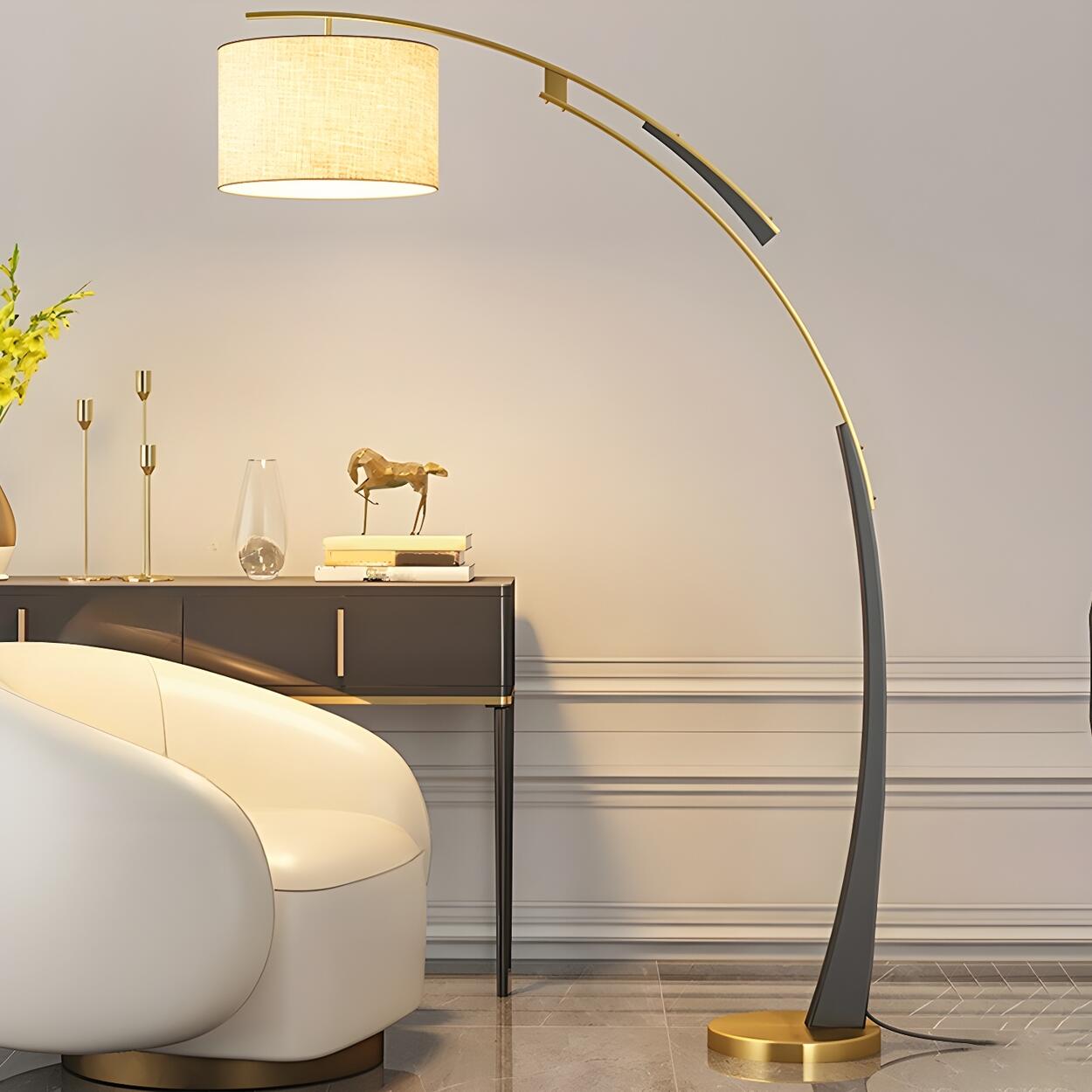 White Cylinder Shade Modern Gold Arc Floor Lamp