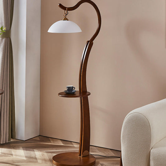 White Dome and Curved Wooden Floor Lamp with Shelf