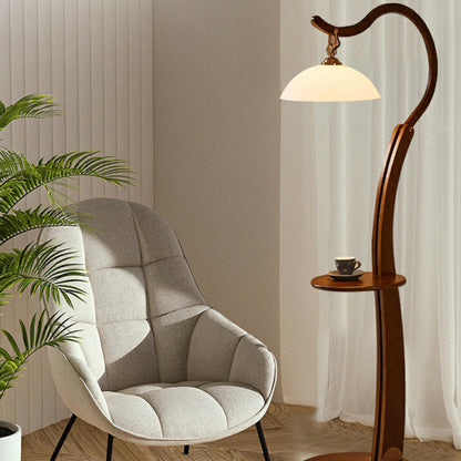 White Dome and Curved Wooden Floor Lamp with Shelf