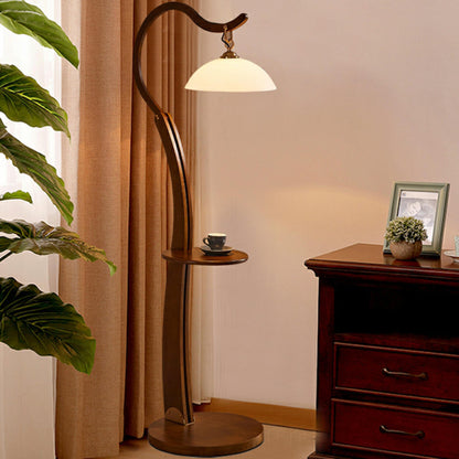 White Dome and Curved Wooden Floor Lamp with Shelf