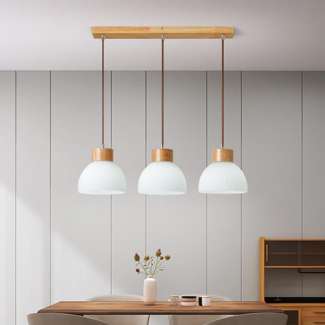 White Dome Glass and Wood Pendant Light Kitchen Island