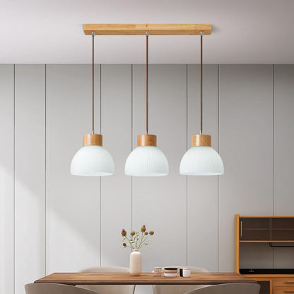 White Dome Glass and Wood Pendant Light Kitchen Island