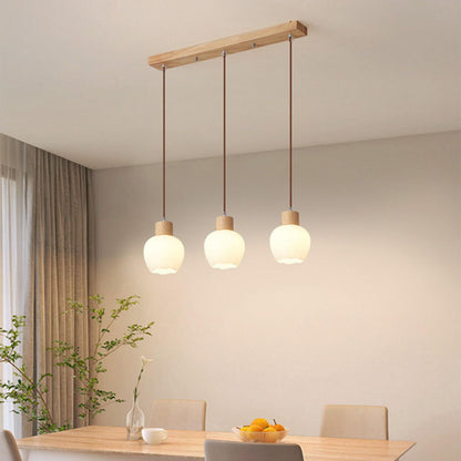 White Dome Glass and Wood Pendant Light Kitchen Island