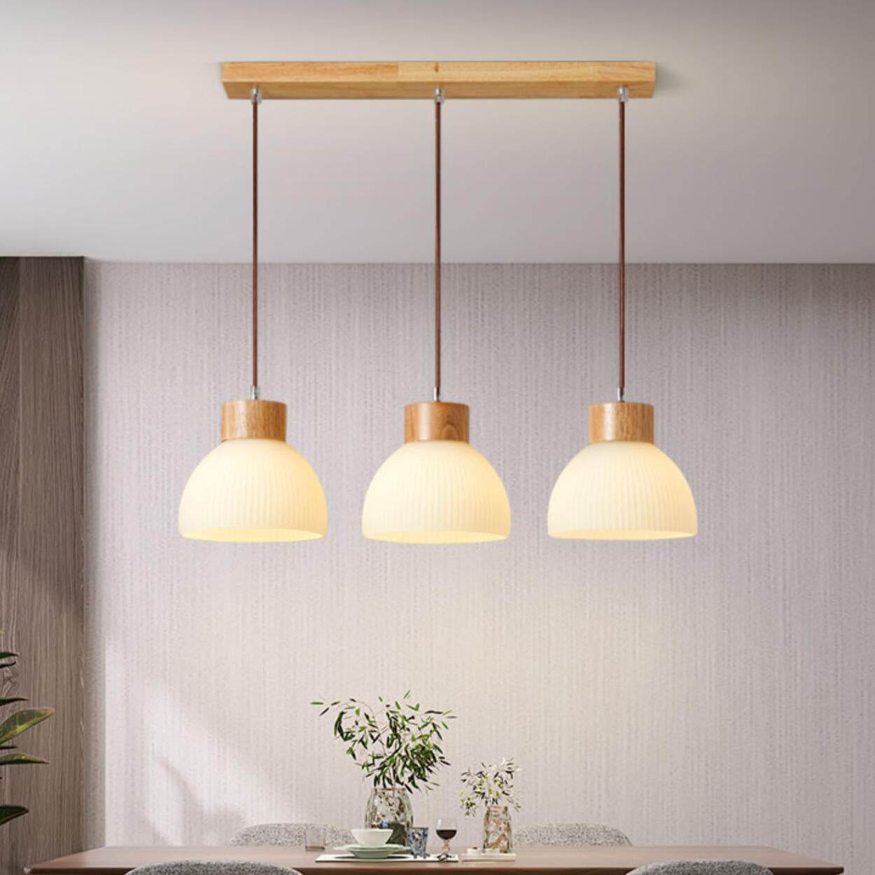 White Dome Glass and Wood Pendant Light Kitchen Island