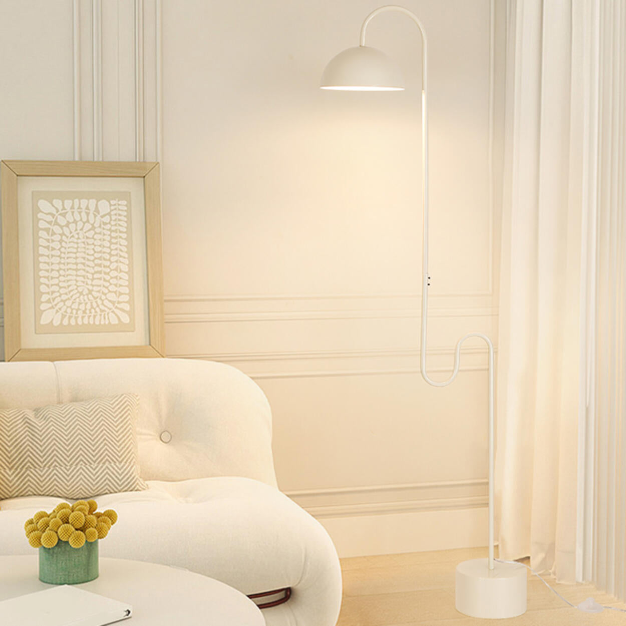 White Dome Shade Minimalist Curved LED Floor Lamp