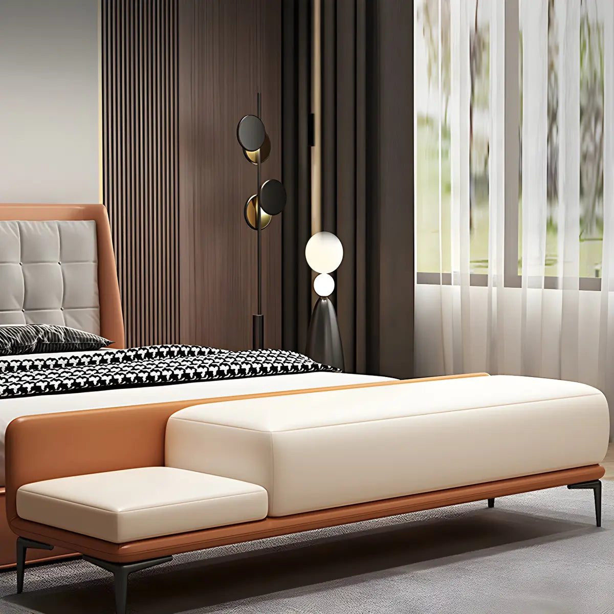 White Orange Faux Leather Upholstered Bedroom Bench