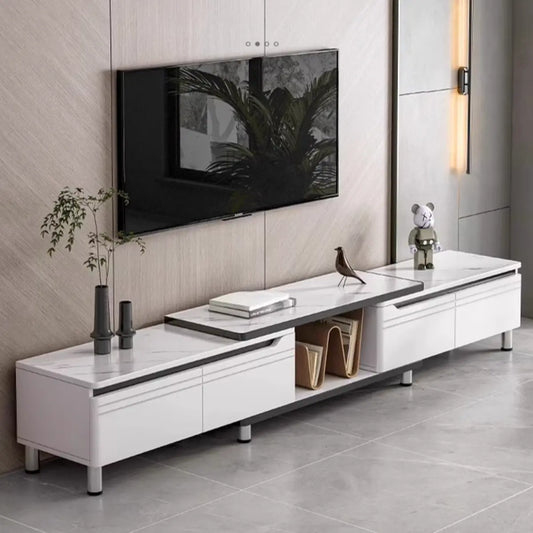 White Stone Open Storage Drawers Rectangle TV Stand