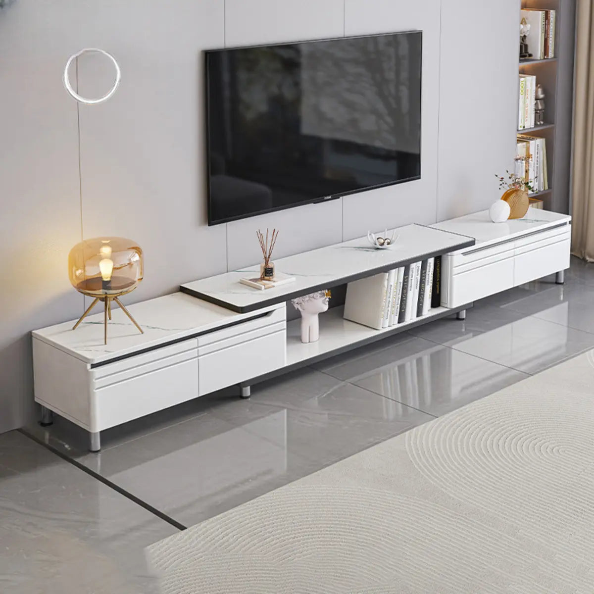 White Stone Open Storage Drawers Rectangle TV Stand