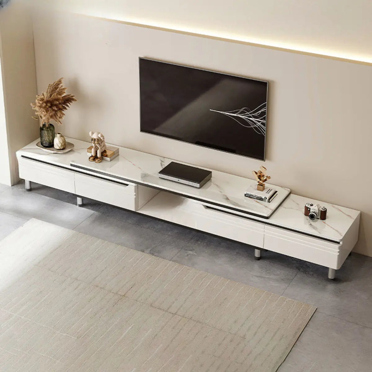 White Stone Open Storage Drawers Rectangle TV Stand