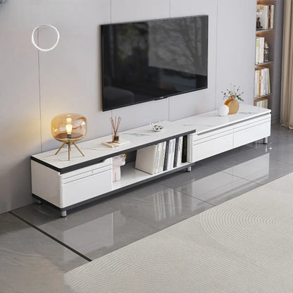 White Stone Open Storage Drawers Rectangle TV Stand